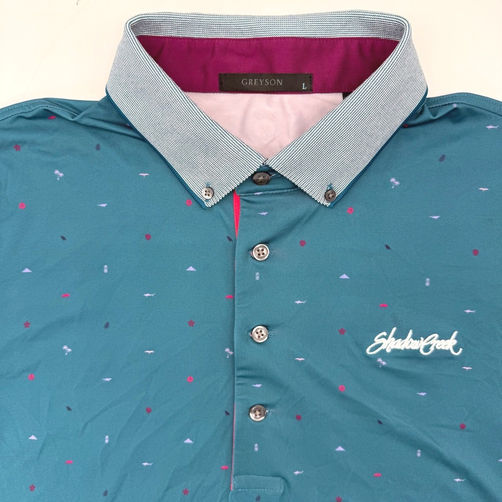 Greyson Polo Shirt Men L Teal Shadow Creek Tropical Print Button Down Golf Top